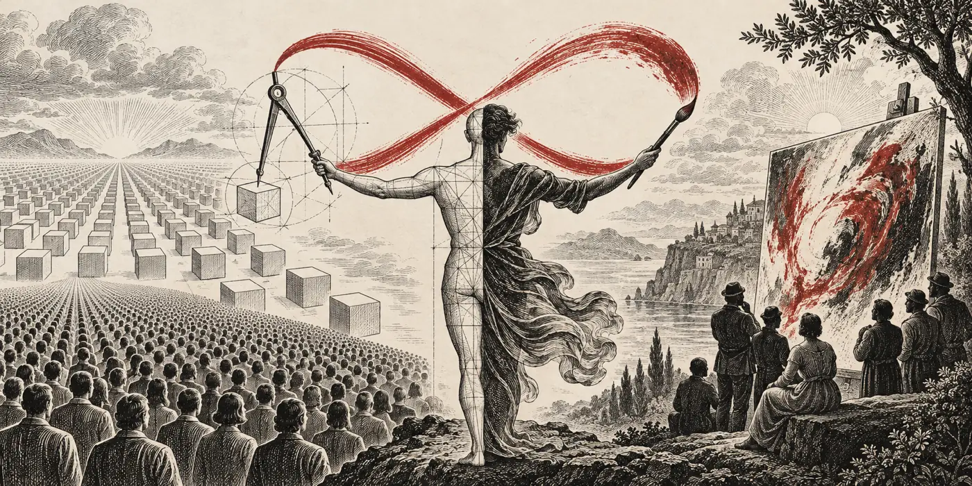 One creator holds a drafting compass and paintbrush, joining a vast crowd and a few art viewers beneath a red infinity stroke.